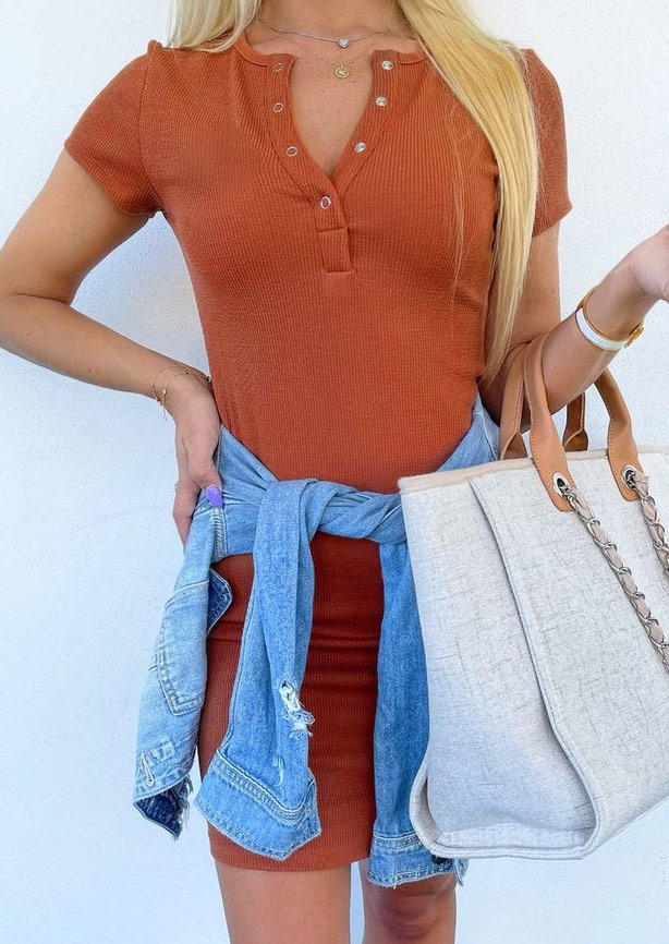 

Snap Button Short Sleeve V-Neck Bodycon Dress - Orange, 509026