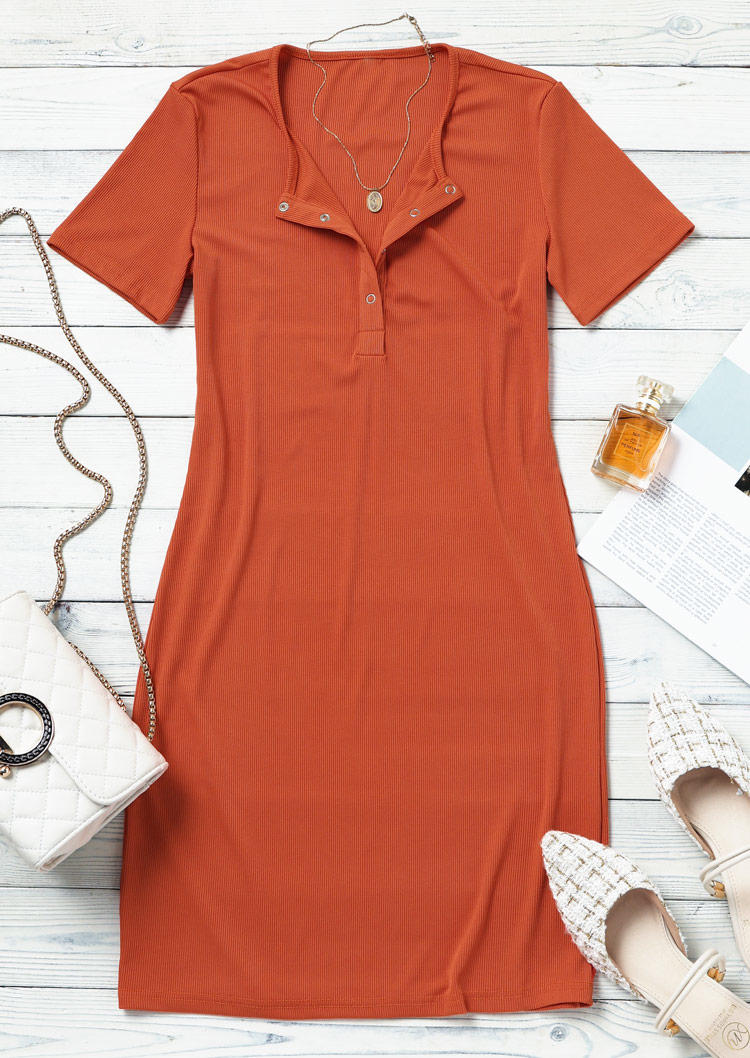 Button Short Sleeve V-Neck Bodycon Dress - Orange