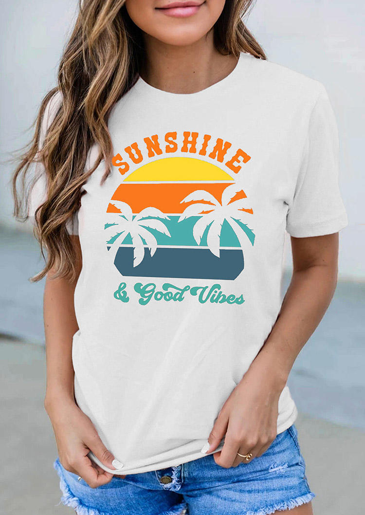

Sunshine Good Vibes Palm Tree T-Shirt Tee - White, 509065
