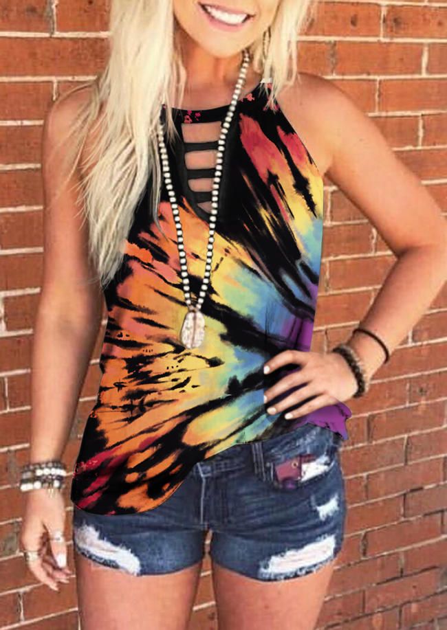 

Reverse Tie Dye Rainbow Keyhole Neck Halter Tank, Multicolor, 509139