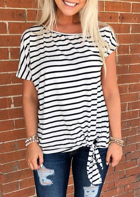 

Striped Tie O-Neck Blouse - White, 509144