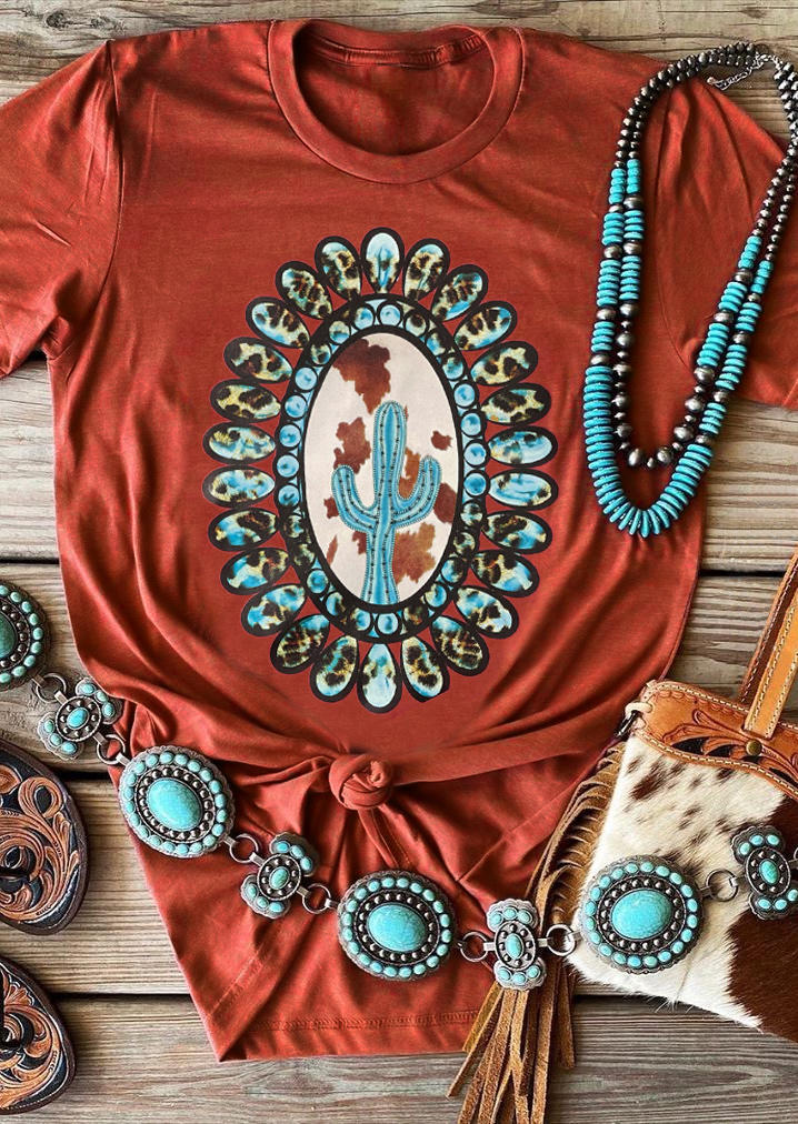 

Cowhide Cactus Turquoise O-Neck T-Shirt Tee - Brick Red, 509189