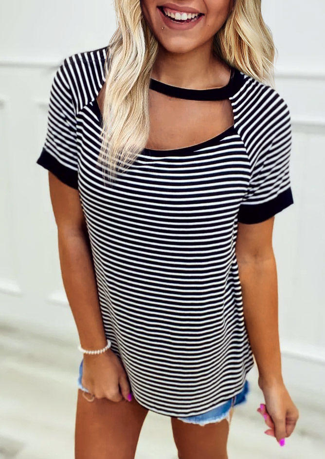 

Striped Keyhole Neck Raglan Sleeve Casual Blouse - Black, 509194