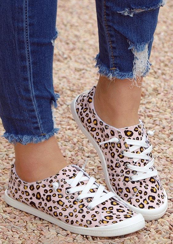 

Leopard Lace Up Round Toe Flat Sneakers, 509322