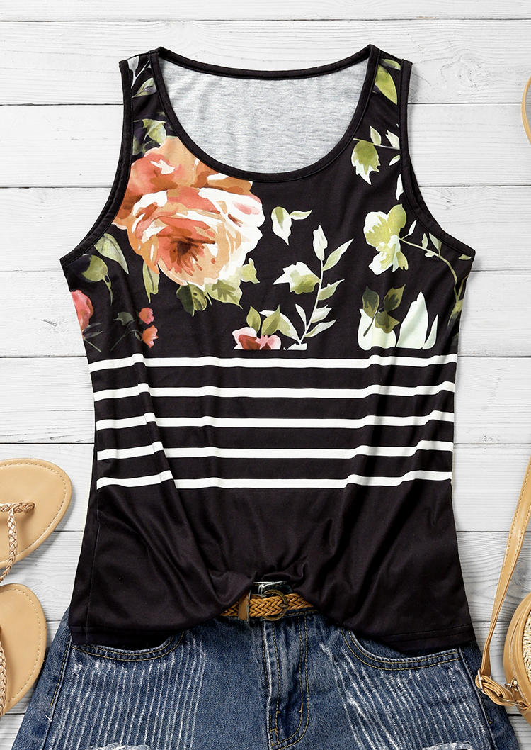 Floral Striped Sleeveless Tank - Black, 507429