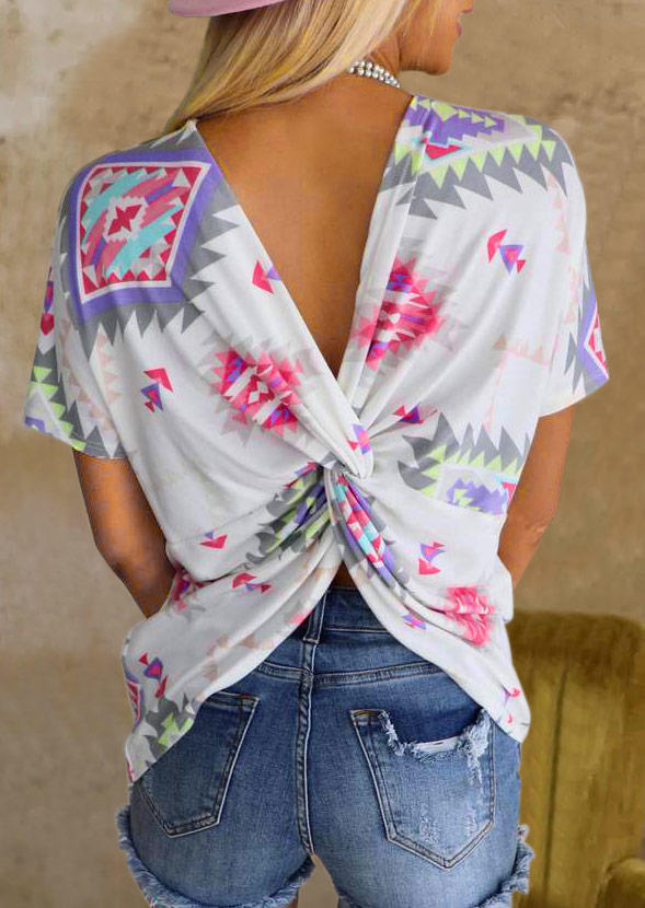 

Aztec Geometric Twist Open Back Blouse, Multicolor, 508964