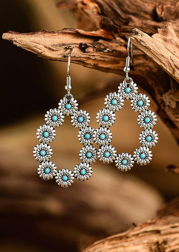 

Turquoise Sunflower Hollow Out Water Drop Earrings, Silver, 509068