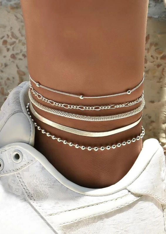 

5Pcs Chain Beading Alloy Anklet Set, Silver, 509168