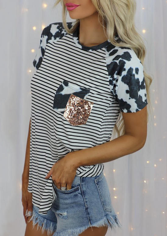 

Cow Striped Sequined Splicing Pocket Blouse, Multicolor, 509197