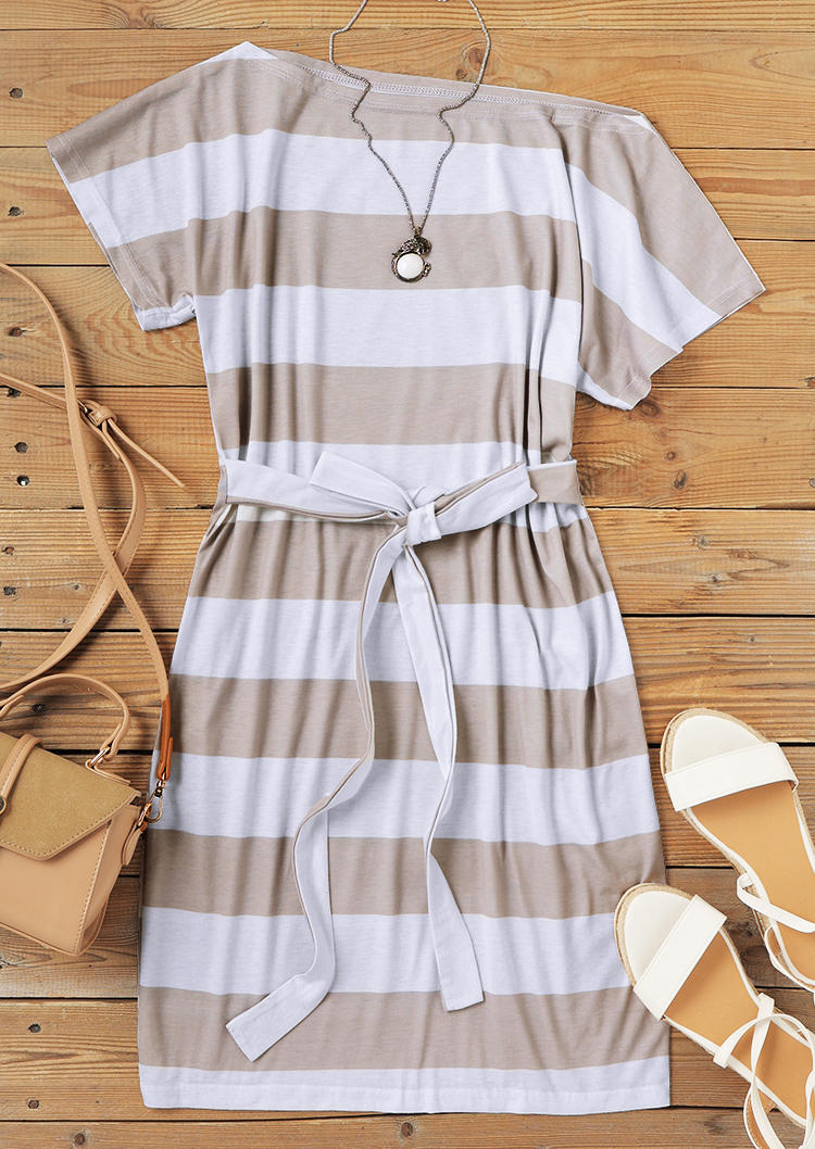 Buy Striped Short Sleeve Slash Neck Mini Dress. Picture