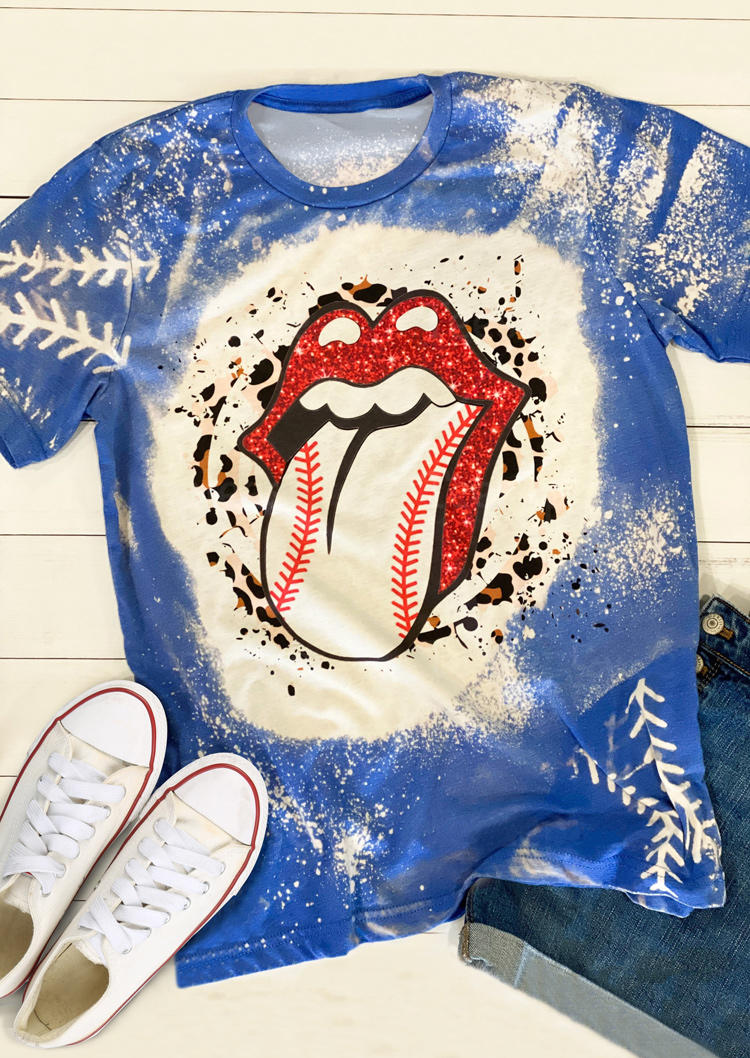

Leopard Baseball Tongue Glitter Lips Bleached T-Shirt Tee - Blue, 509427