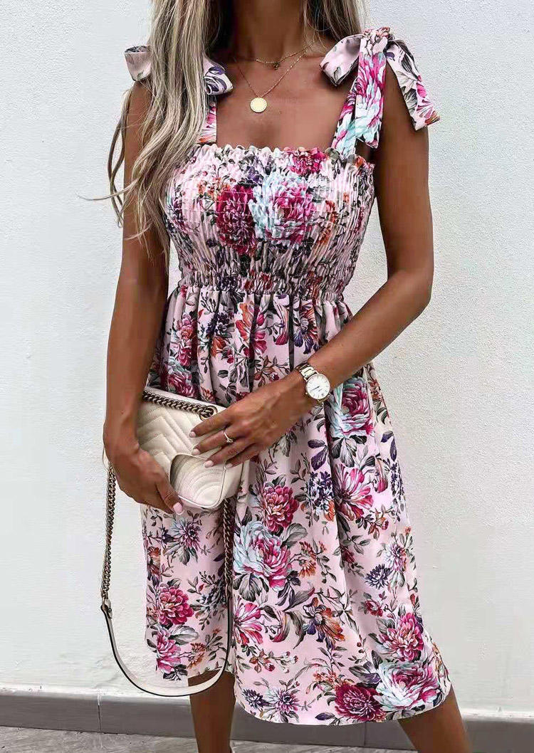 

Floral Smocked Tie Spaghetti Strap Mini Dress, Multicolor, 508527