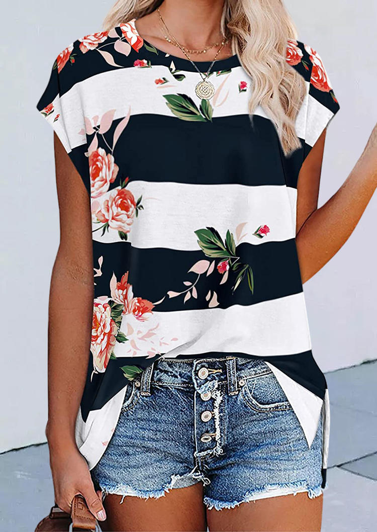 

Striped Floral O-Neck Casual Blouse, Stripe, 508669