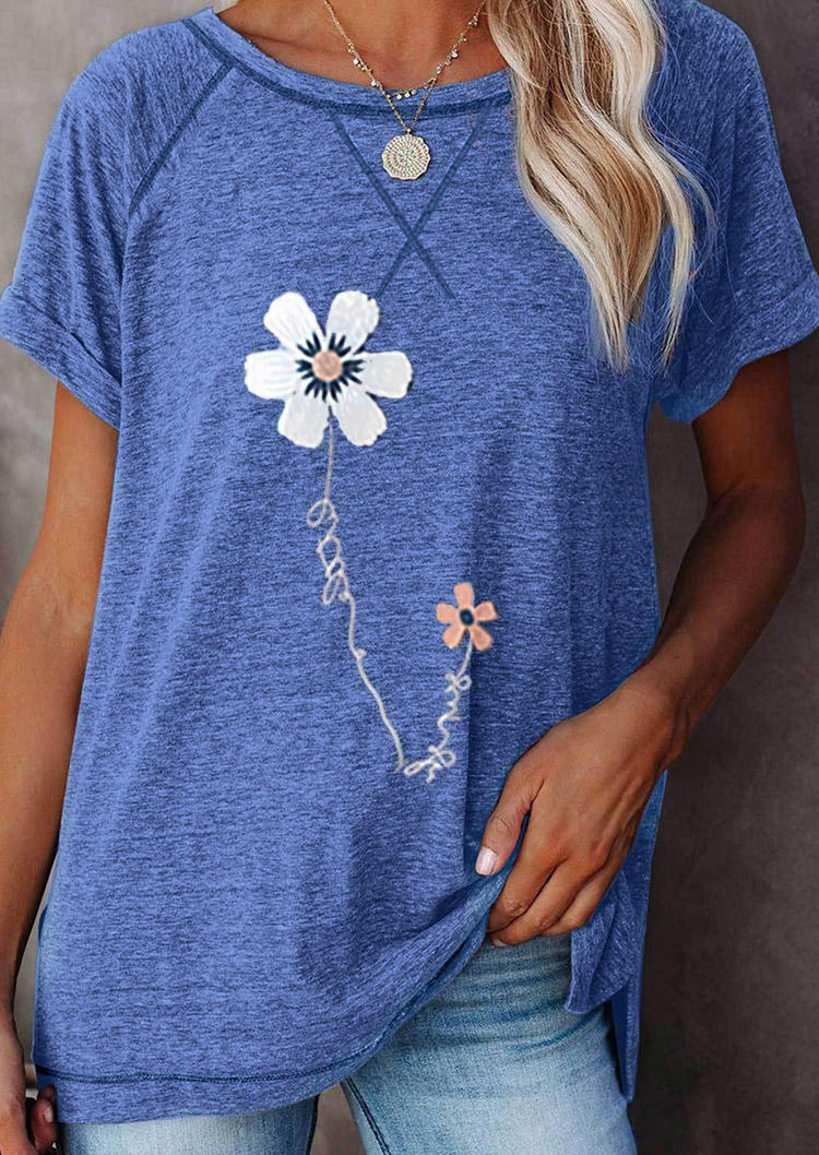 

Daisy O-Neck Raglan Sleeve Casual T-Shirt Tee - Blue, 508687