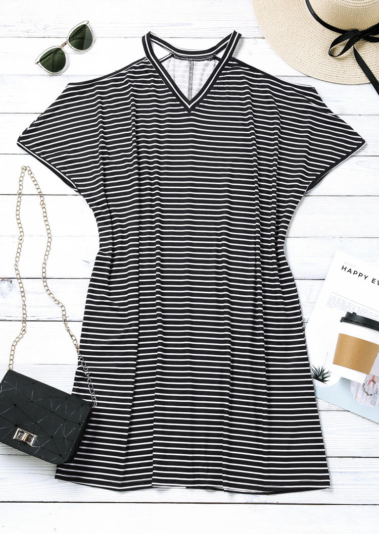 Striped V-Neck Cold Shoulder Mini Dress