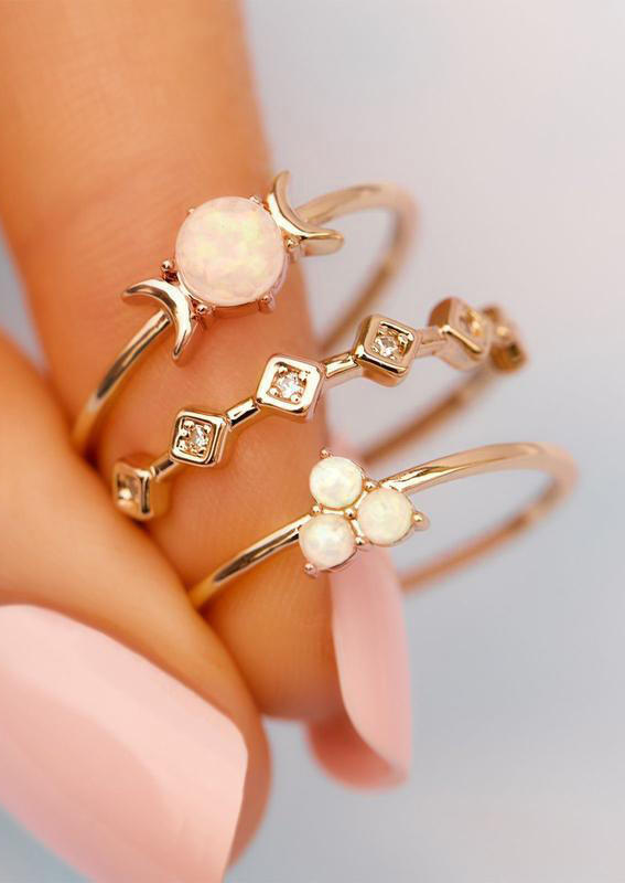 

3Pcs Moon Opal Geometric Alloy Ring Set, Rose gold, 509246