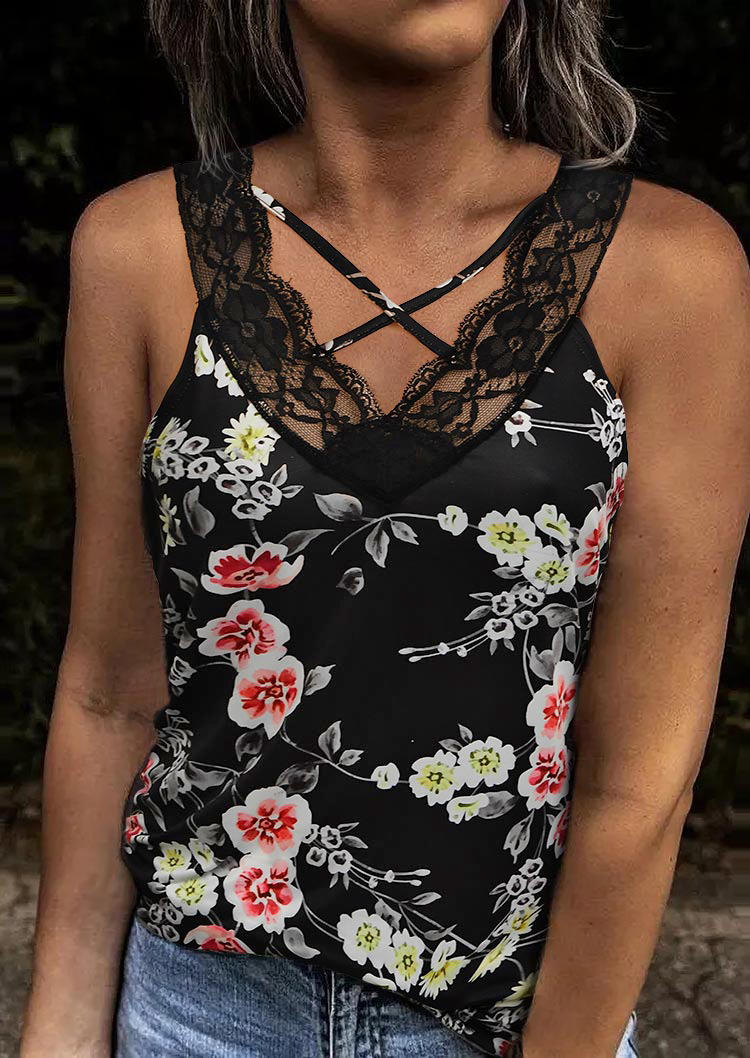 

Floral Criss-Cross Lace Splicing Tank - Black, 509249