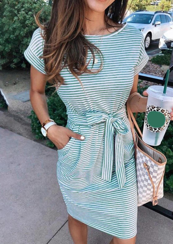 

Striped Pocket Tie Mini Dress - Green, 509256