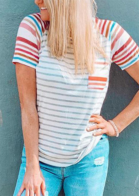 

Colorful Striped Pocket Raglan Sleeve Blouse, Stripe, 509317