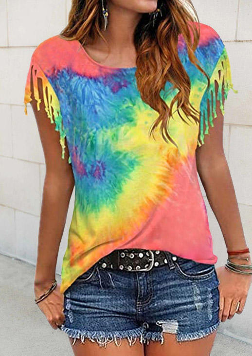 

Tie Dye Tassel Short Sleeve Blouse, Multicolor, 509355