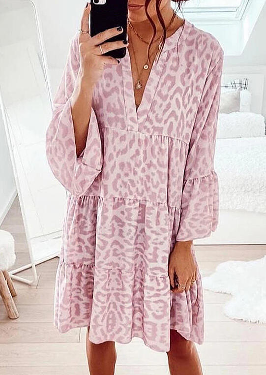 

Leopard Flare Sleeve Mini Dress - Light Pink, 509358