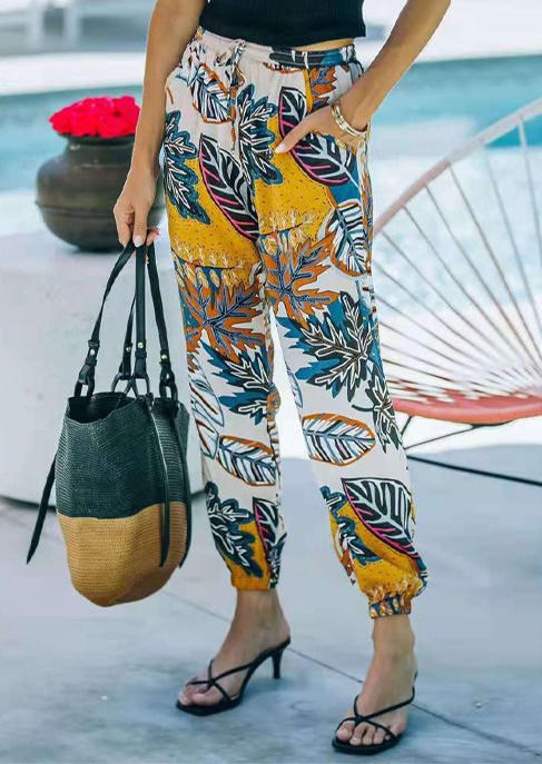 

Leaf Drawstring Elastic Waist Pocket Pants - Yellow, 509374