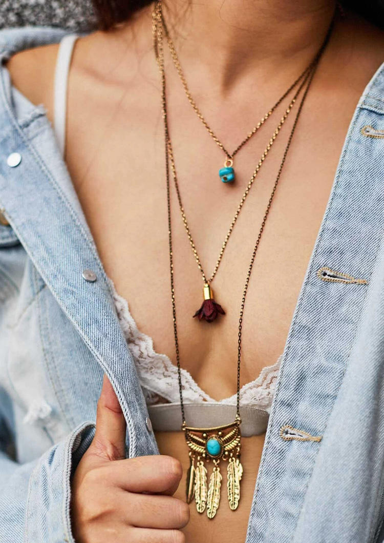 

Feather Turquoise Multi-Layered Necklace, Gold, 509421
