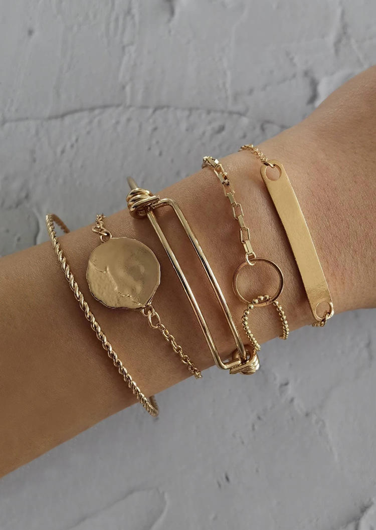 

5Pcs Hollow Out Geometric Adjustable Alloy Bracelet Set, Gold, 509424