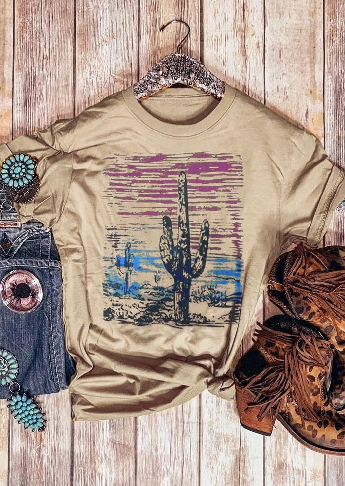 

Western Cactus Sunset Short Sleeve T-Shirt Tee - Apricot, 509425