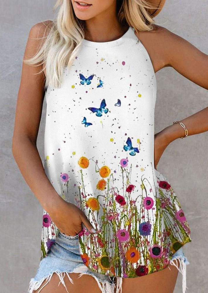 

Floral Butterfly Oil Painting Sleeveless Tank - White, 509540