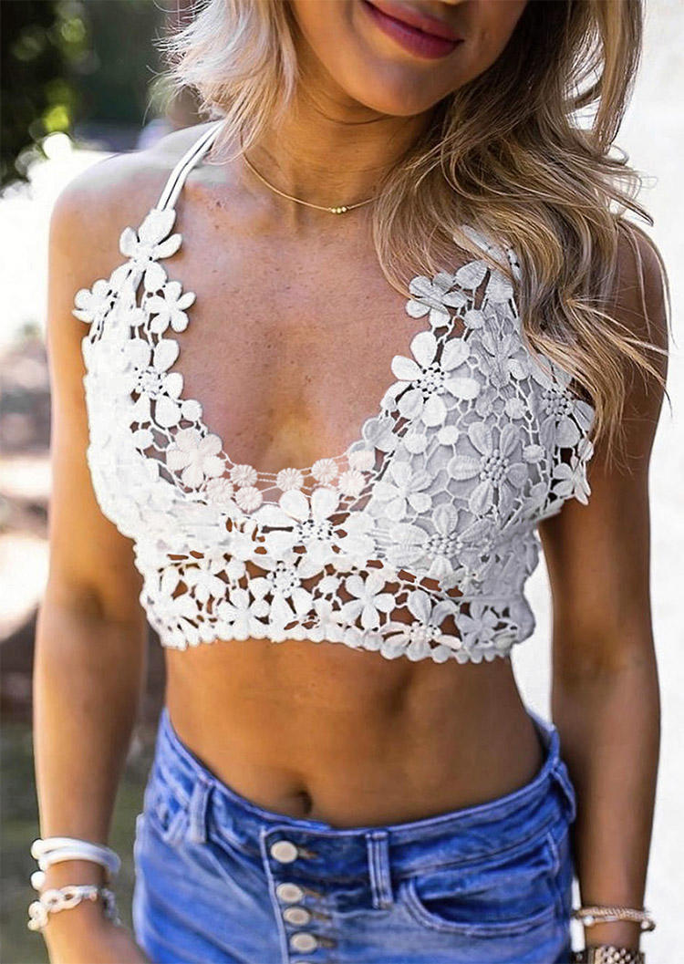 

Floral Lace Splicing Adjustable Strap Crop Top - White, 507704
