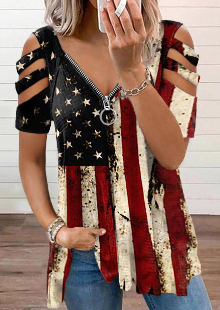 

American Flag Star Striped Zipper Collar Blouse, Multicolor, 508346