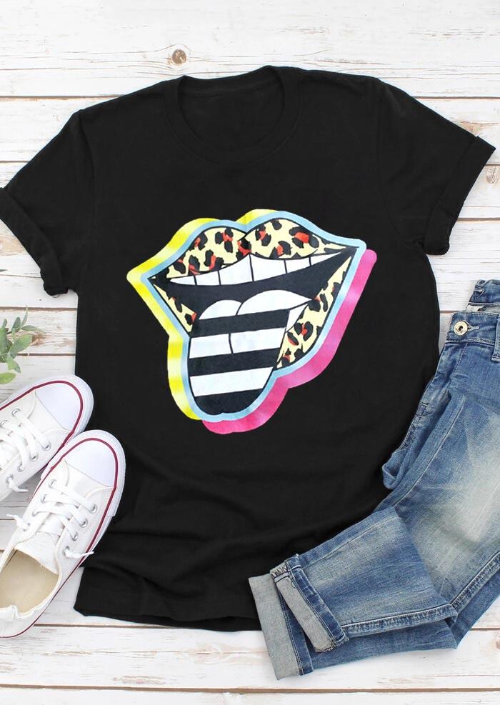 

Leopard Striped Lips T-Shirt Tee - Black, 509010
