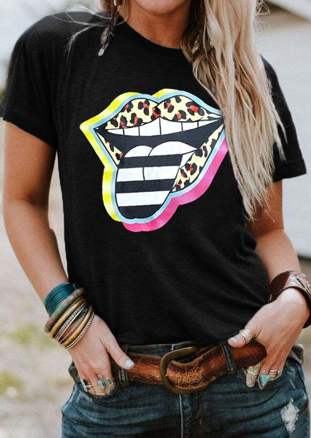 Kaufen Leopard Striped Lips T-Shirt Tee - Black. Bild