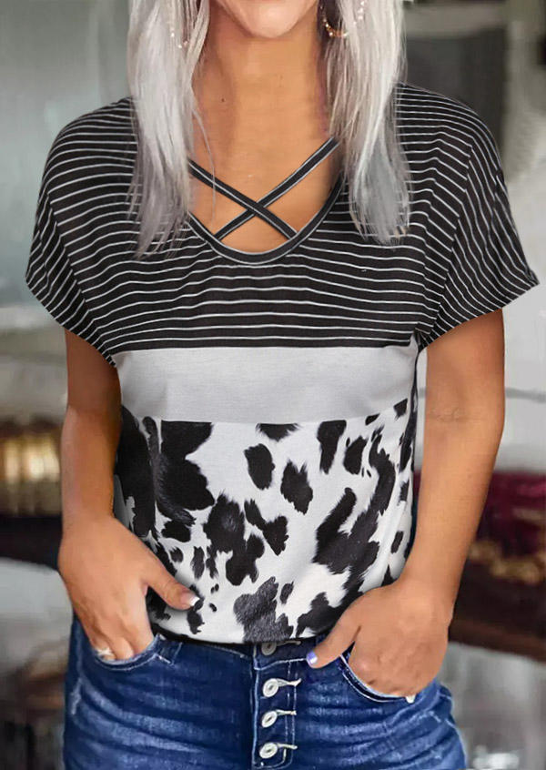 

Criss-Cross Striped Cow Casual Blouse - Black, 509170