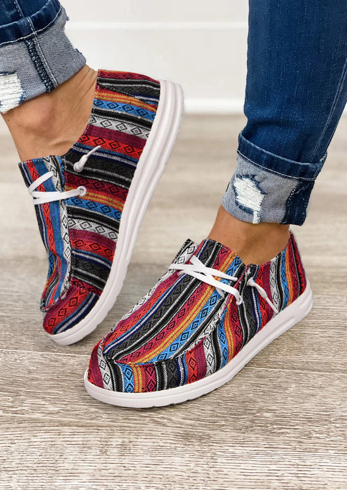 

Western Geometric Colorful Striped Slip On Flat Sneakers, Multicolor, 509172