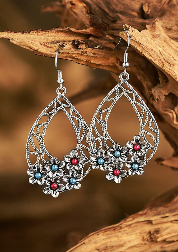 

Vintage Floral Hollow Out Water Drop Earrings, Silver, 509216