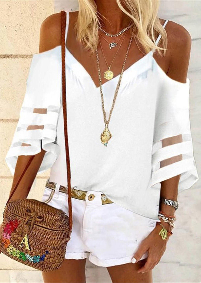 

Mesh Splicing Cold Shoulder Blouse - White, 509417