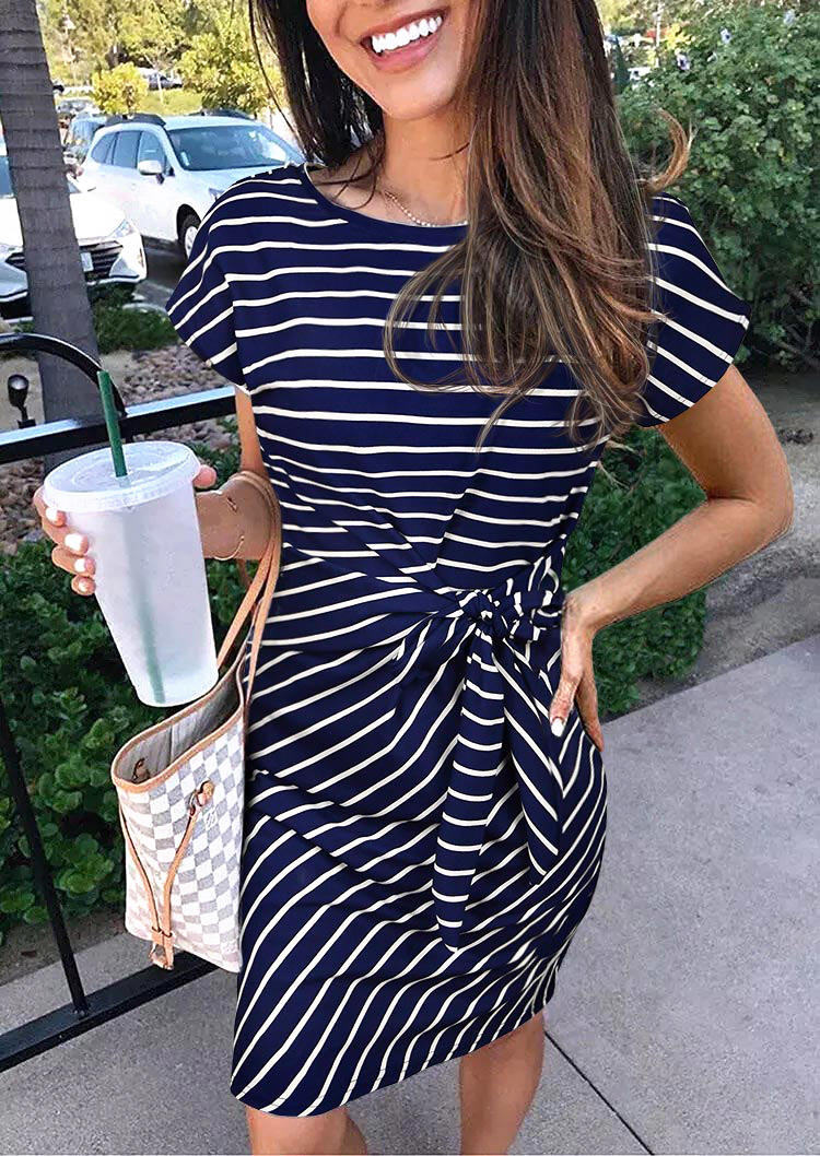 Striped Tie Front O-Neck Mini Dress - Navy Blue, 509483