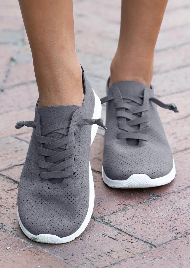 

Perforated Lace Up Round Toe Sneakers - Dark Grey, 509534