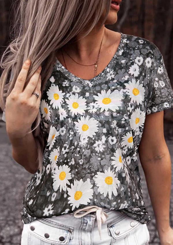 

Daisy Heart V-Neck Casual Blouse - Gray, 509553