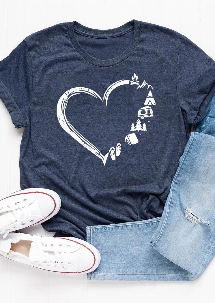 

Heart Camping Short Sleeve T-Shirt Tee - Navy Blue, 509635