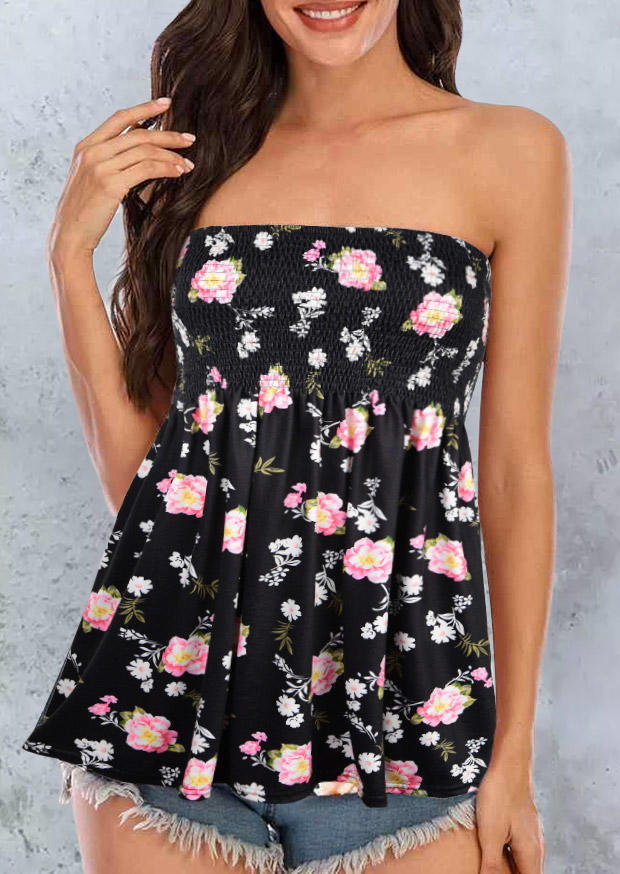 

Floral Ruffled Smocked Strapless Casual Tank, Multicolor, 509086