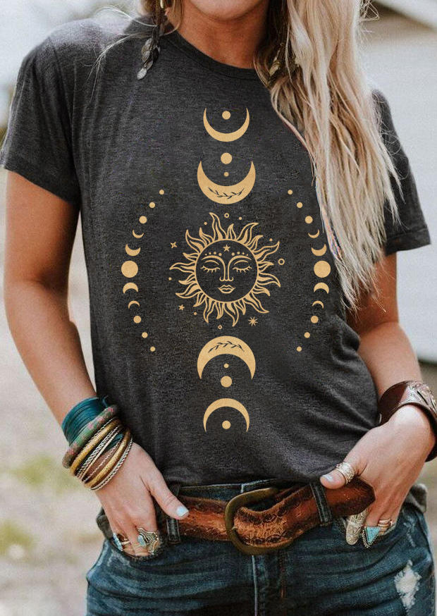 

Sun And Moon O-Neck T-Shirt Tee - Dark Grey, 509155