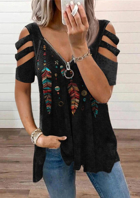 

Western Feather Zipper Collar Cold Shoulder Blouse - Black, 509419