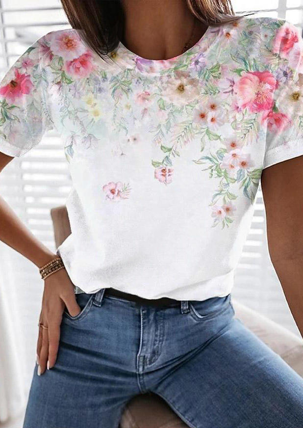 

Floral O-Neck T-Shirt Tee - White, 509684