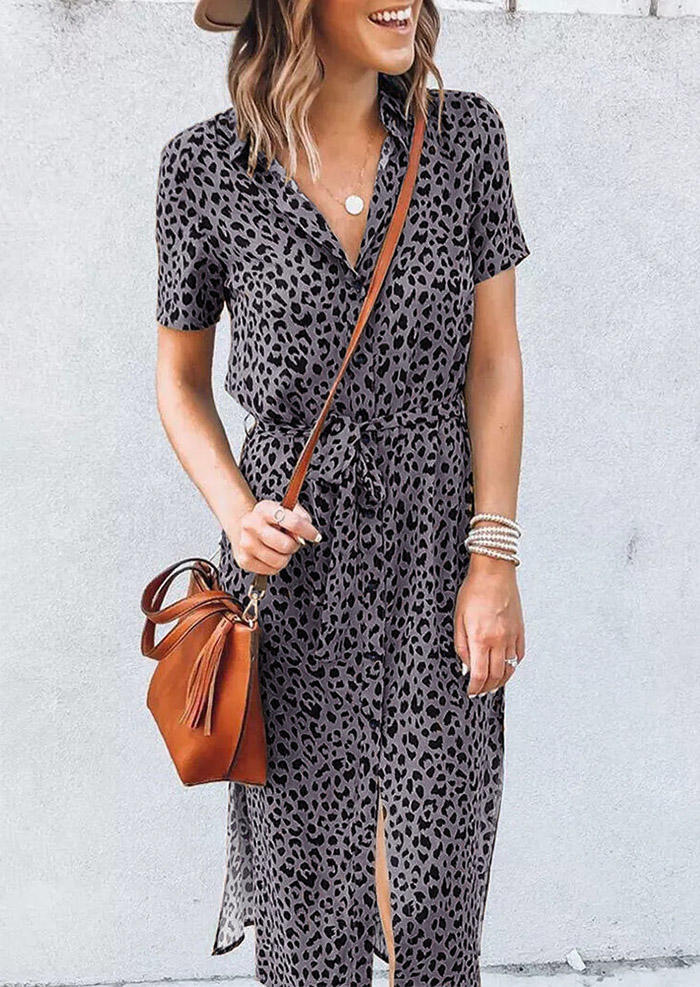 

Leopard Turn-Down Collar Slit Midi Dress, Gray, 509692