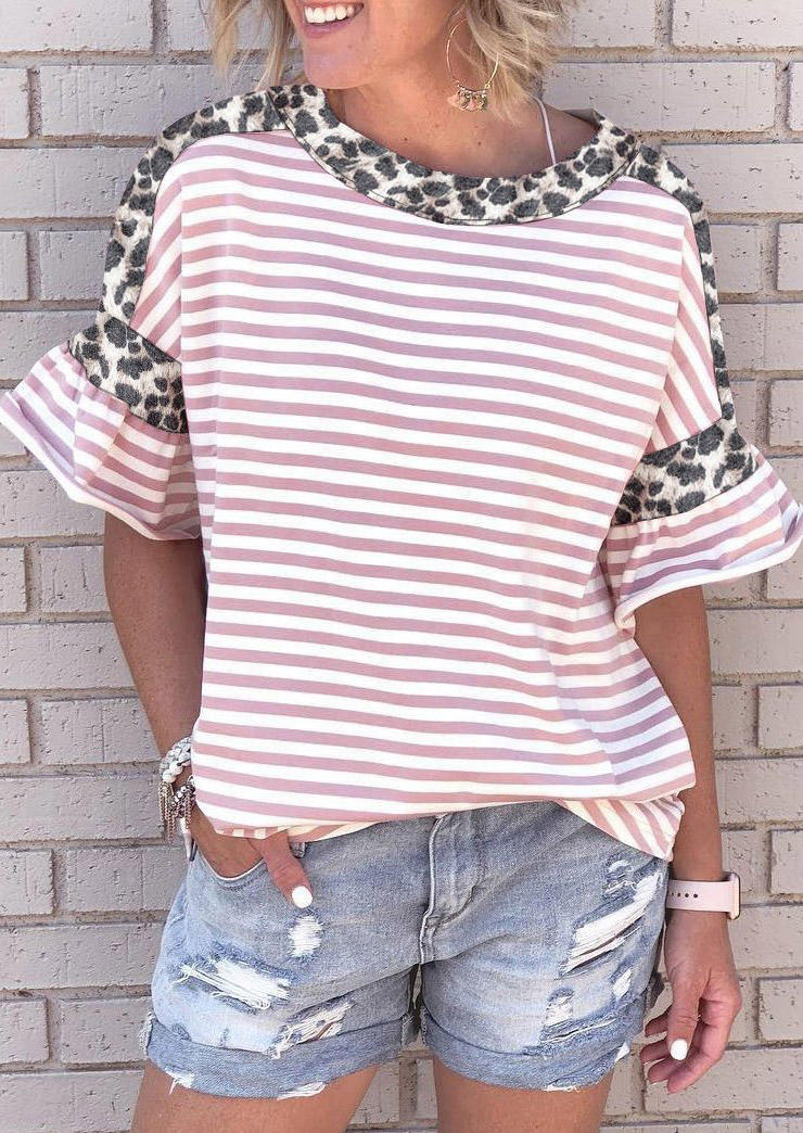 

Leopard Striped Splicing Casual Blouse - Pink, 509709