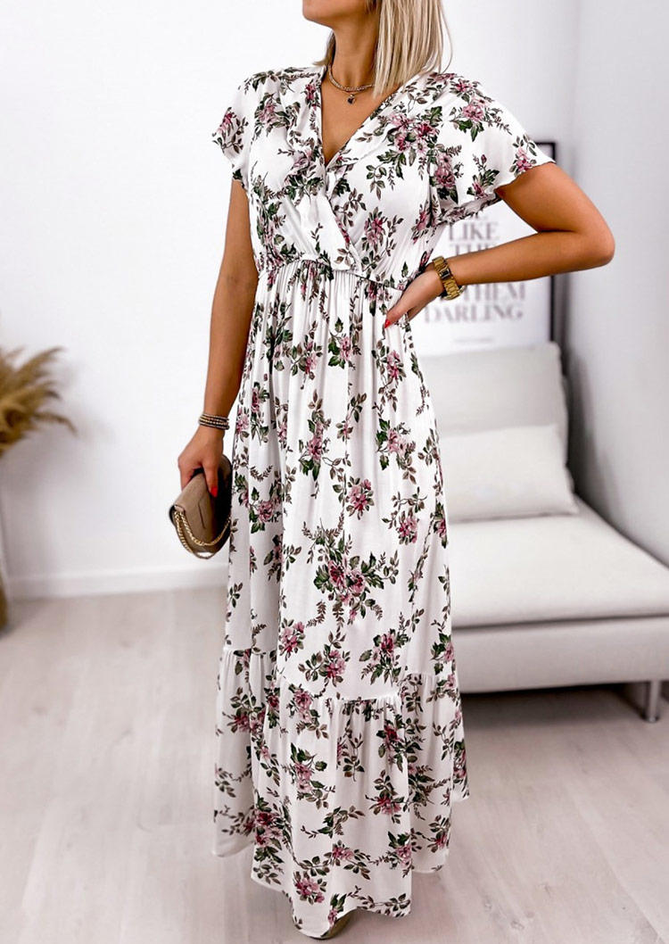 

Floral Ruffled Wrap V-Neck Maxi Dress - White, 509725