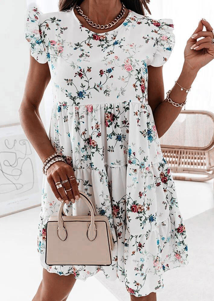 

Floral Ruffled O-Neck Mini Dress - White, 509726